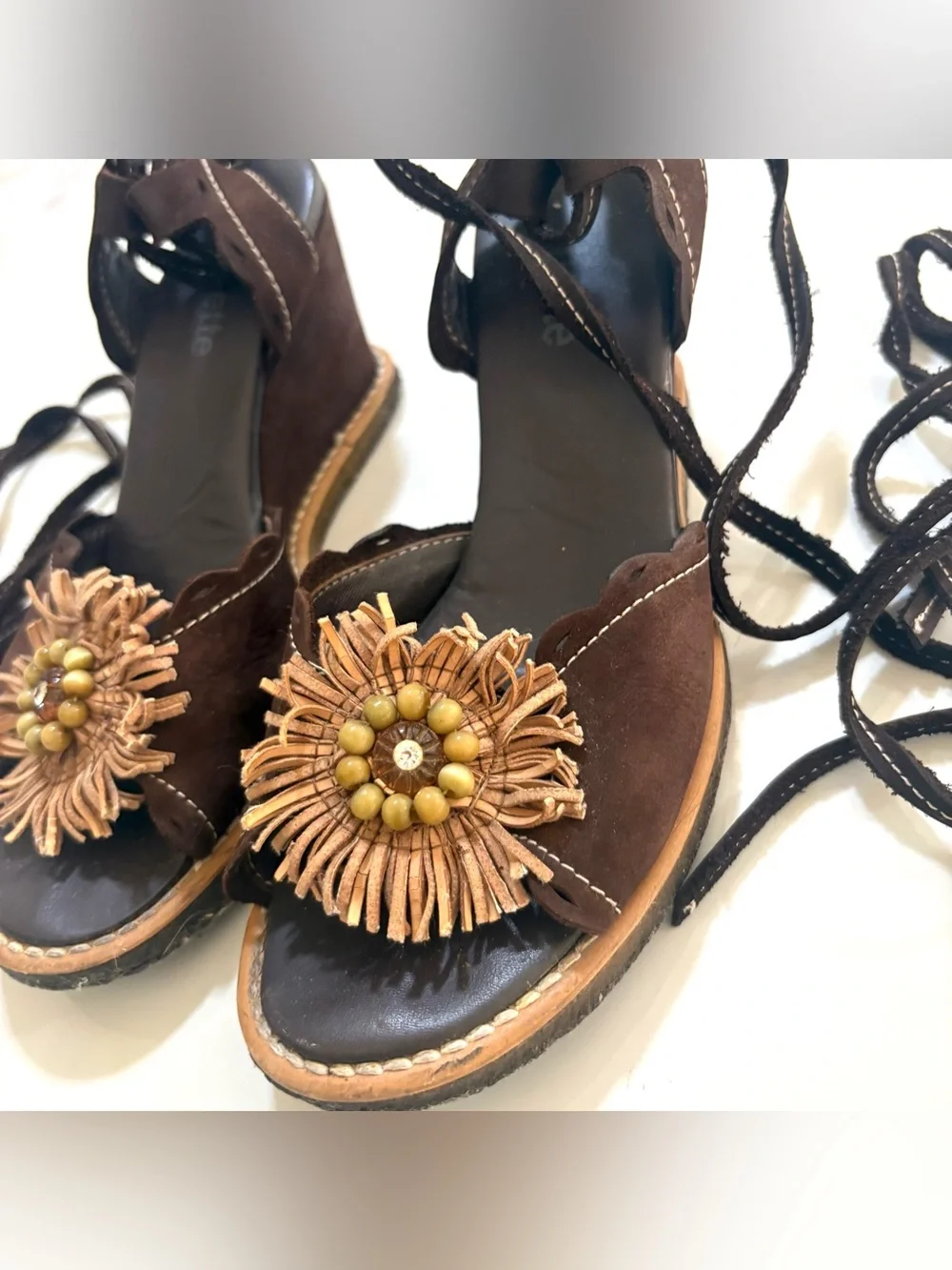 Brown Women's Floral Leather/Suede Lace-Up Wedge Sandals